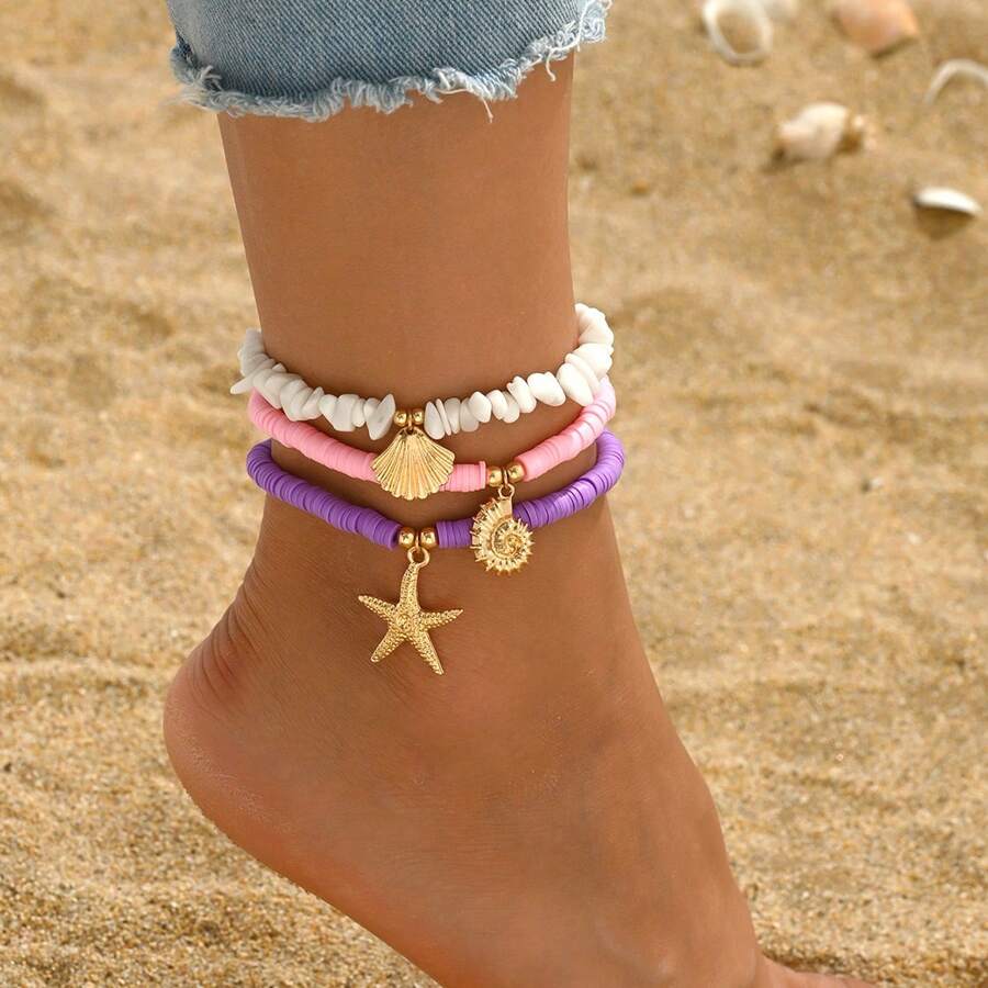 1 Peça Tornozeileira de Estilo Oceânico com Concha, Turquesa Multicamadas, Ornamentos de Pé Contas de Argila Macia Praia Estrela do Mar Cascalho para Mulheres