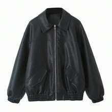 Women's Streetwear Retro Loose Short PU Faux Leather Jacket, Zipper, Pockets, Vintage Moto Biker Outwear, Spring/Autumn