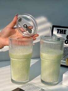 1 Pieza de Vaso de Agua de Gran Capacidad de 600ml/21oz, Nuevo Vaso de Vidrio de Verano para Mujeres con Tapa y Pajita, Vaso de Vidrio a Rayas Verticales (con Pajita y Tapa) Hermoso Vaso de Vidrio para Beber Café, Té, Leche, Americano Helado y Bebidas de Latte