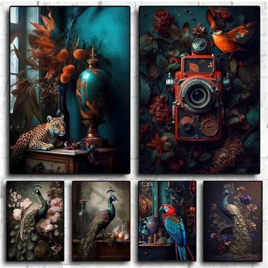 1 Pc Optional Frame Posters Wall Arts Vintage Still Life Tiger Parrot Peacock Flowers Canvas Painting Wall Decor Nordic Art Poster And Prints Picture Home Room Decor
