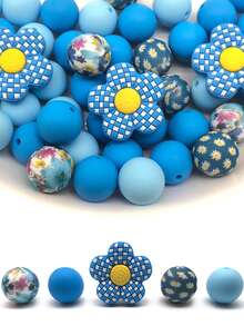 30 Silicone Beads, 15mm Printed Round Beads Paired With Loose Checkered Flower Spacer Beads, Suitable For Handmade DIY Jewelry Making, Bracelets, Necklaces, Keychains/Pen Beads, Mobile Phone Pendants, Bag Accessories, Birthday Gifts, And Gifts For Women.