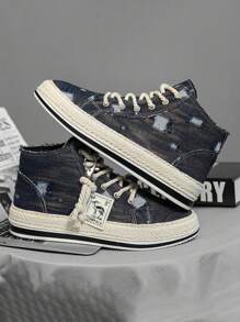 Men's Retro High-Top Skateboard Shoes, Comfortable Anti-Slip Casual Lace-Up Canvas Sneakers Suitable For Outdoor Activities