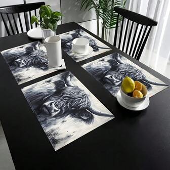 1/4/6pcs Set Of Scottish Highland Cattle Placemats, 30x45 Linen Rectangular Table Mats, Woven Hand-Washable Restaurant Decorations, Suitable For Kitchens, Parties, Festivals And Dinners.
