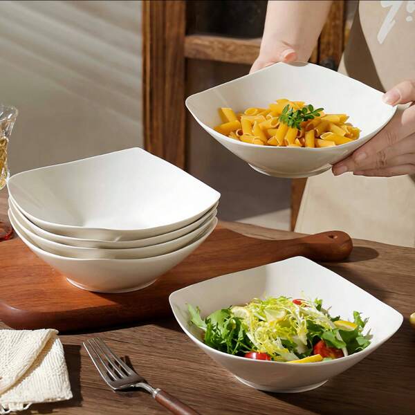 Set van 2/4/6/8/10 herbruikbare witte plastic saladekommen en borden, voor koude gerechten, gekookt eten, desserts, feesthapjes, stapelbare opslag, geschikt voor thuisbijeenkomsten, hotels, magnetrons, picknicks in de buitenlucht op een camper of camping, lichtgewicht, draagbaar, opvouwbaar voor bruiloftsdiners in de zomer, schoolbenodigdheden