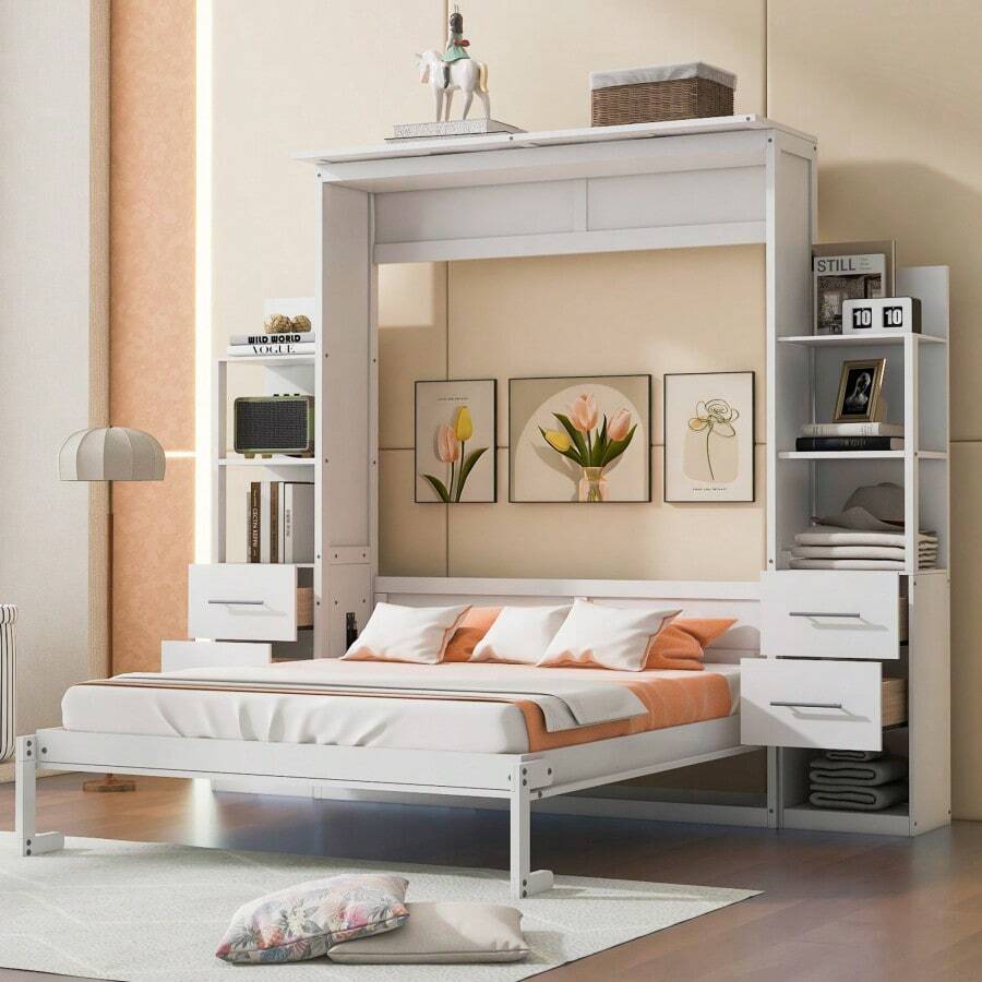 Cama empotrada de matrimonio con estantes, cajones y luces LED, color blanco-3930 - Multicolor - Ver 1