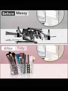 1 PIEZA Organizador de maquillaje elegante de acrílico transparente con diseño geométrico - Caja de almacenamiento de cosméticos de 3 compartimentos para brochas, lápices de cejas y artículos de belleza esenciales, sin plástico, brochas de maquillaje