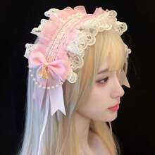 1pc Lolita Style Girl Faux Pearl Bow Lace Headband + Cute Countryside Themed Headpiece Ribbon Maid Headdress, Suits 2D Lolita Halloween