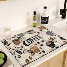 1 pieza Alfombrilla absorbente para secar platos en la encimera de la cocina con estampado de taza de café, esconde las manchas, base de silicona suave antideslizante
