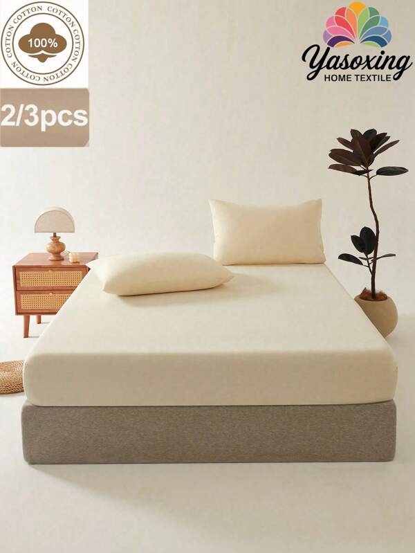 2/3 pièces Set de draps-housses beige uni sans rembourrage, draps-housses à imprimé floral pour chambre à coucher (1 pièce* drap-housse + 1/2 pièces* taie d'oreiller, sans oreiller) Protège-matelas, Housse de matelas pour lit, Drap de lit, Doux et respirant, Pour tous les formats de lit - Twin, Full, King, Queen Drap-housse avec poche profonde jusqu'à 29,8 cm de profondeur Ensemble de courtepointe de lit