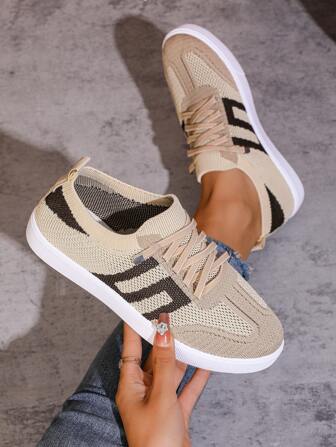 Elastic Knit Upper Outdoor Sports Shoes, Flat Bottom Breathable Sweat-Absorbing Contrasting Color Low-Top Women's Shoes, Convenient Stretch Shoelaces, Easy To Put On/Take Off, Round Toe Flat Sole Shoes, Suitable For All-Day Comfortable Outdoor Wear