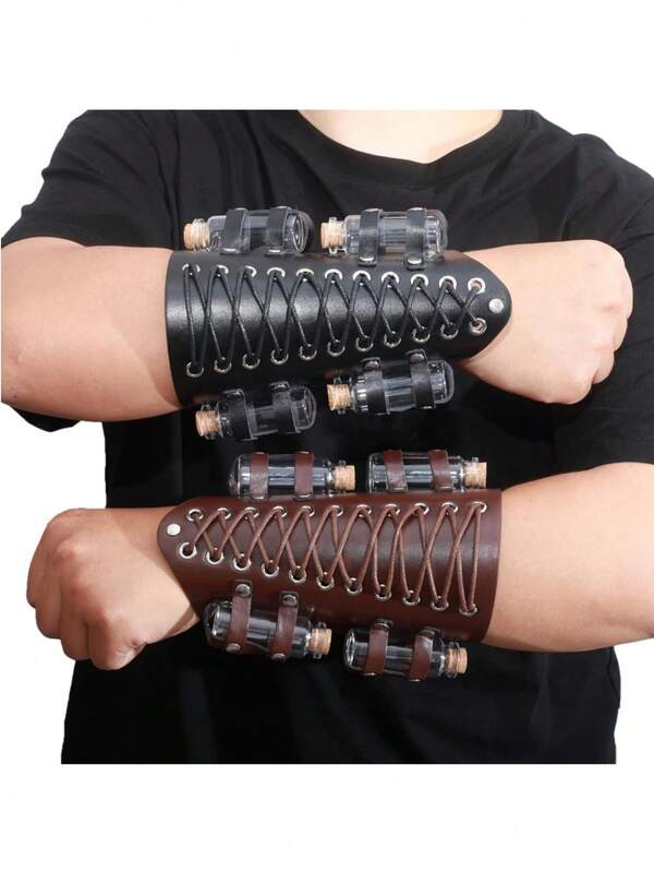 1pc Medieval Alchemy Wrist Bracers With Cork Potion Vials, Renaissance Fantasy PU Leather Drawstring Arm Guards For Faire Larp Masquerade Wristband, Halloween