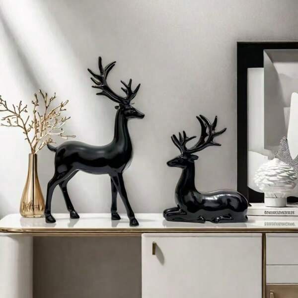 2 pièces Figurines de cerf en plastique noir et or, décoration d'intérieur pour le salon, le meuble TV, le cabinet, l'étagère - emballage boîte