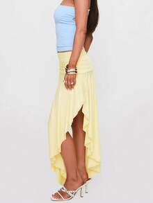 Women's Elegant Ruffle High Waist Flowy Mid-Length Skirt, Summer - Yellow - View 5