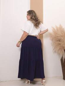 LONG PLUS SIZE SKIRT FOR WOMEN 3 MARIAS ELASTIC WAIST Simple Casual Hem With Ruffle Knot - 藏蓝色 - 查看 4