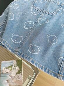 Saia jeans com estampa de urso fofa, casual e moderna para meninas, adequada para passeios, fotografia, uso diário, piqueniques, escola, primavera/verão/outono