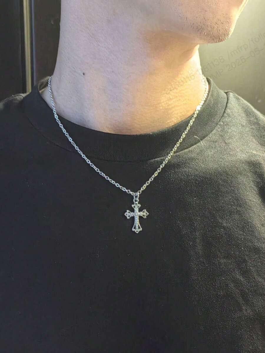 Gothic Style Cross & Star Studded Stainless Steel Necklace, Unisex - Silver - View 1