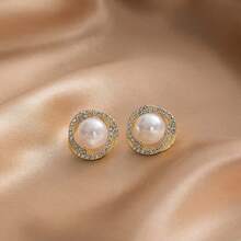 1 Pair Golden Bowknot Faux Pearl Decor Elegant Round Design Bridal Earrings Valentines