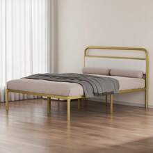 Metal Steel Platform Bed Frame With Upholstered Headboard Cushion (Queen Size) - Gold-974 - Multicolor - View 2
