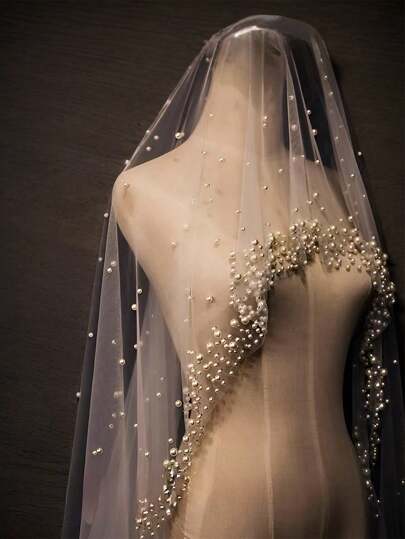 1 peça de véu longo com cauda densamente decorada e pérolas artificiais brancas, adequado para casamentos, igrejas, passarelas, banquetes e outras ocasiões, acessório para casamento nupcial