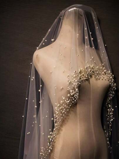 1pc White Faux Pearl Densely Decorated Long Train Veil, Suitable For Weddings, Church, Catwalk, Banquet And Other Occasions, Bridal Wedding Accessory