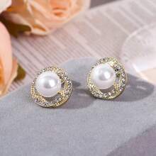 1 Pair Golden Bowknot Faux Pearl Decor Elegant Round Design Bridal Earrings Valentines
