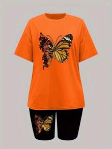 大码蝴蝶印花套装、休闲短袖T恤和紧身短裤，女士服装 - 橘色 - 查看 3