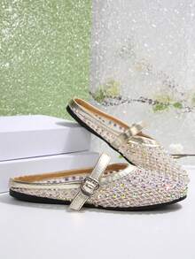 Women's Summer Fashion Rhinestone Decor Round Toe Slip-On Flat Sandals, Comfortable Non-Slip Soft Sole Backless Mule Casual Slippers, Versatile And Graceful - Gold - View 3