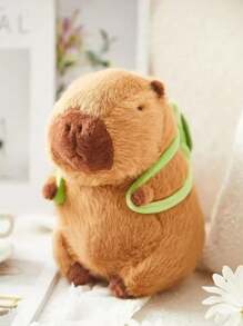 Adorable peluche de capibara color marrón oscuro con acentos de hojas verdes - Peluche de poliéster suave, ideal para regalos de Navidad y Acción de Gracias