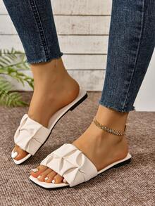Women's Summer Fashion Ruched Strap Square Toe Casual Versatile Outdoor Beach Sandals, Solid Color Flat Slides - Beige - View 7