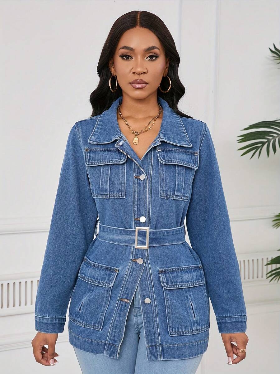 Women Long Denim Trench Coat With Belt Stylish Four Pockets Mid Length Casual Jacket Fashion Outerwear For Spring And Fall - 藍色 - 查看 1