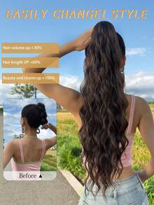 Braune Pferdeschwanz-Haarverlängerung mit Klemme, 66cm lang, Wellenmuster, hitzebeständige synthetische Faser, Pferdeschwanz-Haarteile für Mädchen und Frauen für den täglichen Gebrauch