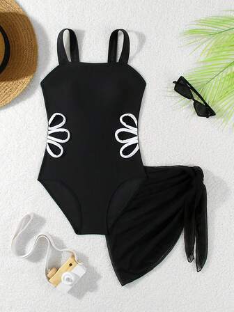 Ny flickor ihålig baddräkt med omlottkjol, 2-delat set, modern för badorter