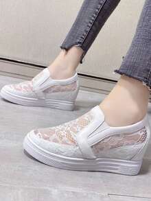 夏季蕾丝网眼一脚蹬厚底运动鞋，透气、百搭、舒适柔软的鞋底 - 白色 - 查看 5