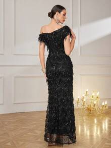 UNITHORSE Elegant Party Mini Dress With Mesh, Sequins & Tassel, Suitable For Campus Wear - Black - View 2