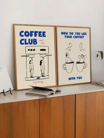 2 件/套装饰艺术现代简约咖啡俱乐部帆布印刷品，无框肖像方向，厨房室内墙面艺术，家庭办公室，客厅，卧室，餐厅装饰，纯色图案，春夏主题，咖啡吧美学海报，情侣用品，咖啡站墙面艺术，厨房墙面艺术，无框