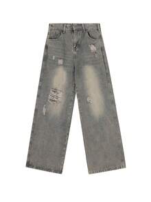 Asymmetrical Frayed Hem Distressed Jeans For Women, Retro American Streetwear Loose Straight Leg Casual Pants - Medium Wash - View 3