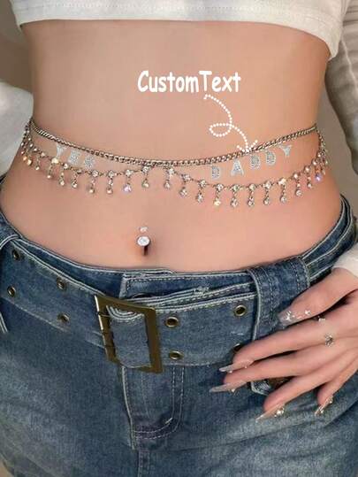 1pc Customized Crystal Letter Name Metal Waist Chain, Personalized Sexy Fashion Rhinestone Tassel Body Chain, Costume Accessory For Festivals, Parties, Birthdays, Gifts For Friends And Lovers