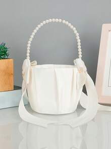 婚礼用品：白色缎带、珍珠手柄婚礼花篮、过道花童花瓣篮、结婚戒指枕头、婚礼派对餐桌装饰 - 白色 - 查看 4