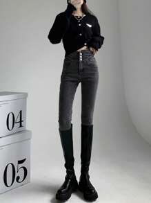 YEAE | 纯色紧身高腰牛仔裤，春夏 - 深灰色 - 查看 5