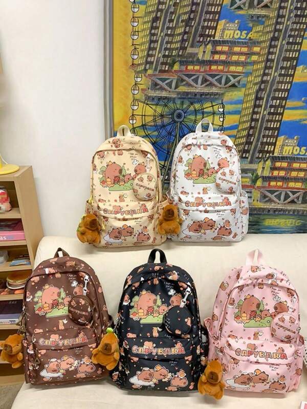1pc Fashionable And Cute Capybara Pattern Travel Backpack With Highly Attractive, Cute Capybara Shopping Travel Bag,School Bag, With A Small And Exquisite Round Wallet, Nylon Material, Multiple Pockets And Large Capacity,Suitable For Teenagers To Travel, Daily Commuting, Casual And Simple Backpack (Without Pendant),Back To School,Backpack School