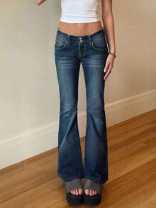 Women's Daily Wash Double-Button Slant-Pocket High-Stretch Slim-Fit Low-Rise Flared Jeans - Rửa tối - Xem 2