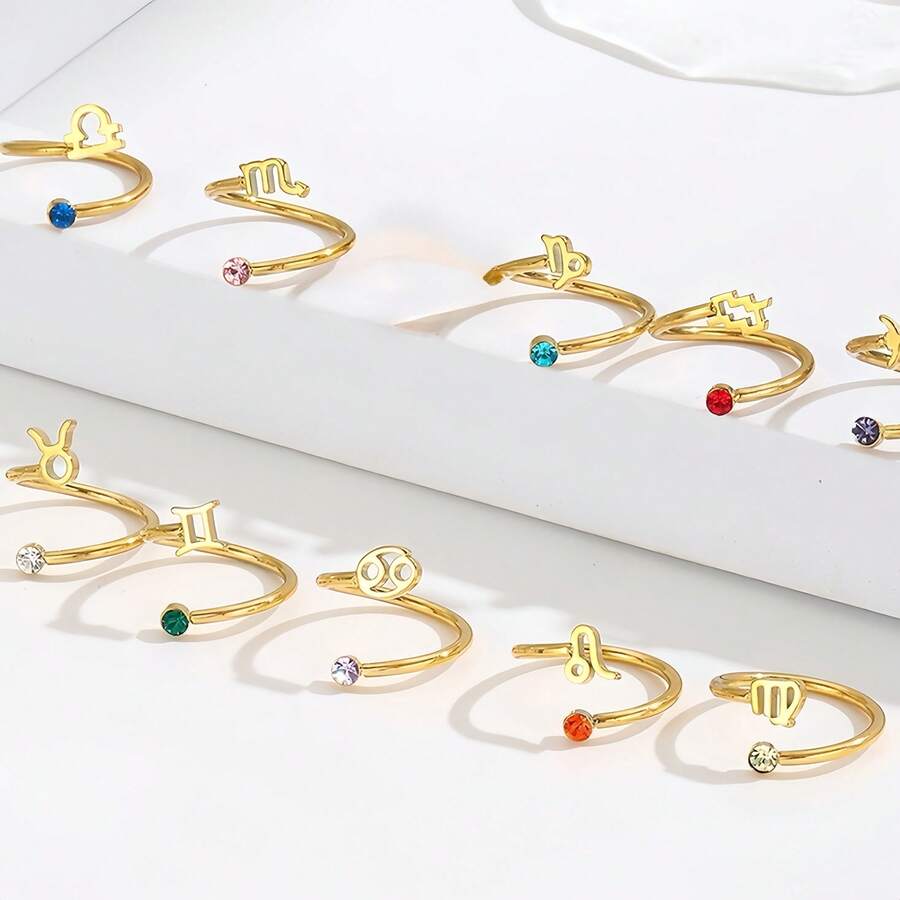 1 件可调节十二星座合成锆石戒指，诞生石 12 星座占星术戒指，适合母亲、女士、母亲节、情人节、生日、圣诞节、周年纪念