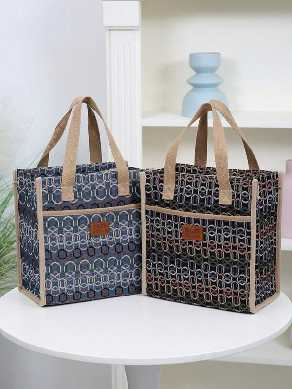 New Arrival, Thickened Jacquard Knitted Fabric, Tote Bag, Large Capacity Portable Lunch Box Storage Bag, Suitable For Work Lunch, Outdoor Picnic, Lunch Box Storage, Aluminum Foil Lining, Front Zipper Pocket, Lunch Tote Bag, Retro Design, Back To School Seasonschool Stuff Bag For School Lunch Bag For Women Picnic Accessories