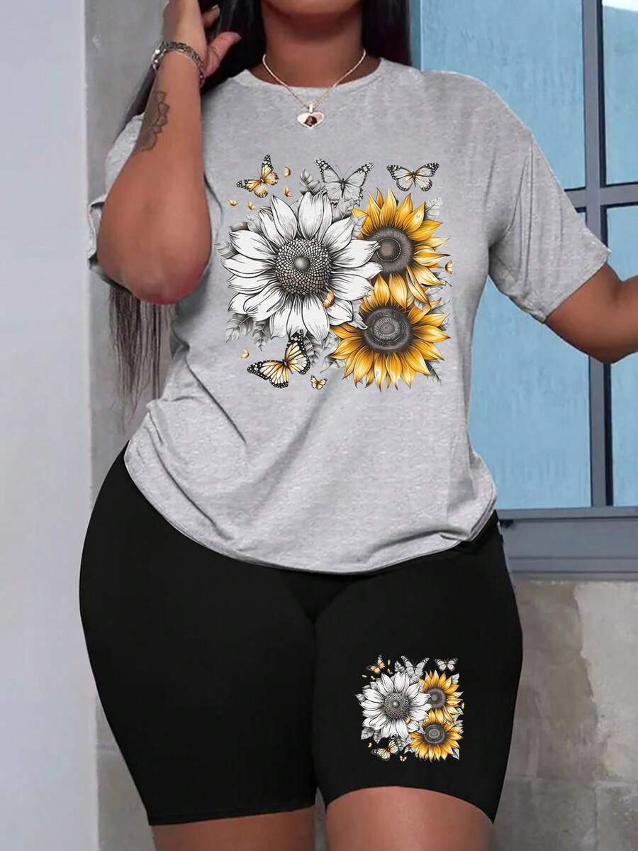 2件套加大码女式雏菊印花T恤短裤套装，夏季