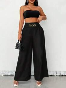 Women's High-Waisted Wide-Leg Pants With Gold Chain | Linen Style | S To L | New Release - Black - View 2