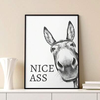1pc Black And White Canvas Painting Funny Poster Vintage Donkey Art Print Wall Painting For Toilet Bathroom Decoration Canvas Painting Posters And Prints Wall Art Pictures For Living Room Decoration Optional Frame ,Wall Art With Frame
