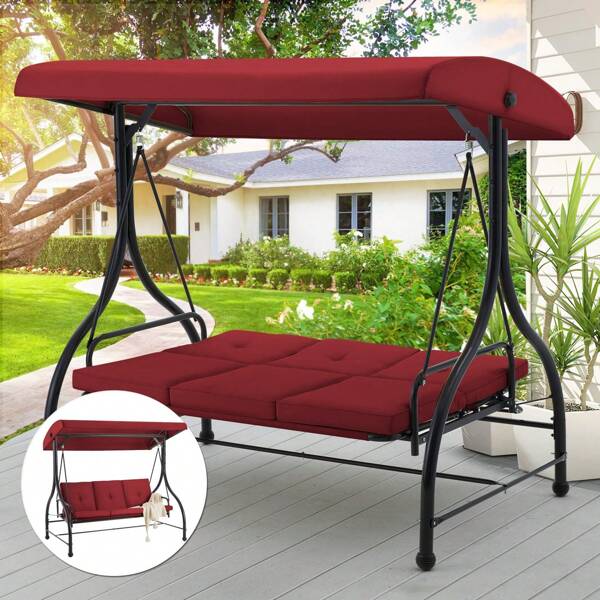 YODOLLA YODOLLA Porch Swing Chair, 3 Seats Porch Swing Adjustable Canopy Outdoor Swing With Stand Patio Swing Bed With Removable Cushions