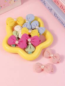 12pcs Multi-Size & Color Pearl Decor Bow Hair Clips, Versatile For Kids, Excellent Gift Option