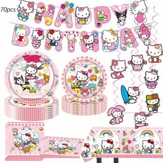 Sanrio Sanrio Hello Kitty Party Supplies, Included Birthday Banner,Hanging Vortex,Plate,Napkins,Tablecloth For Hello Kitty Party Decorations,Hello Kitty Birthday Party Decorations,Sanrio Hello Kitty Tableware