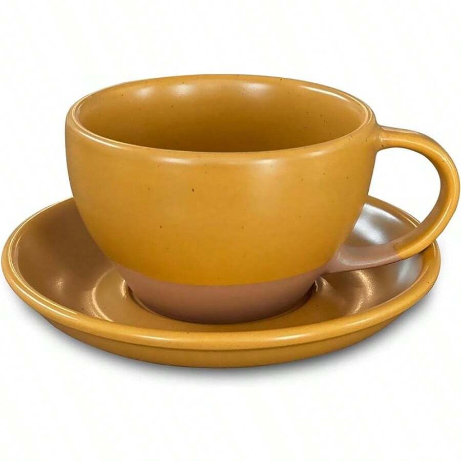 Mora Ceramic Latte Art Mug With Saucer - 10.5 Oz, Round Bottom Pours - Cafe Cups Cappuccino, Espresso, Coffee, Tea Etc - Porcelain Set Baristas, Great - Chai Latte - 南瓜橙 - 查看 1